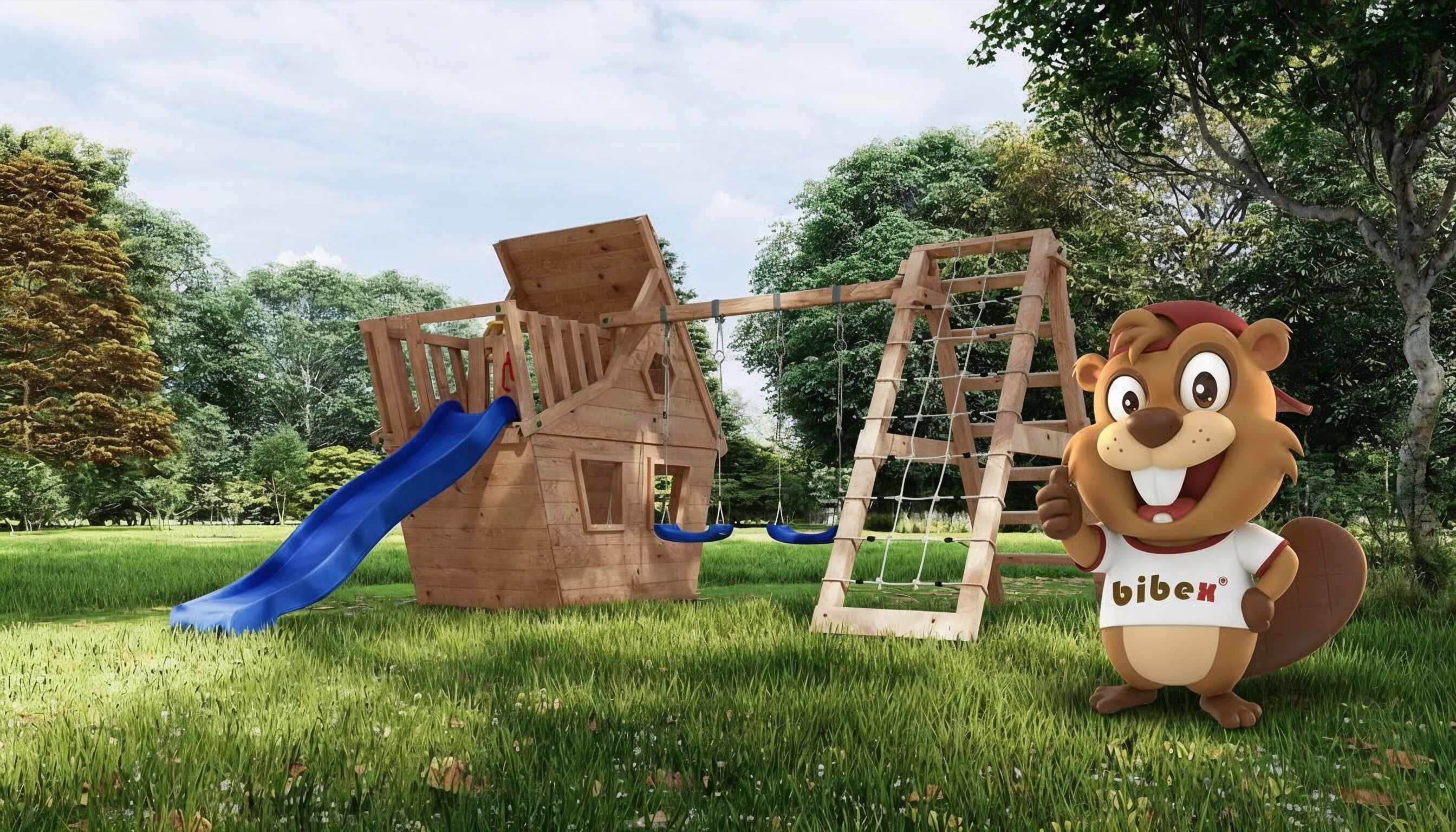 Spielturm aus Massivholz im Garten.