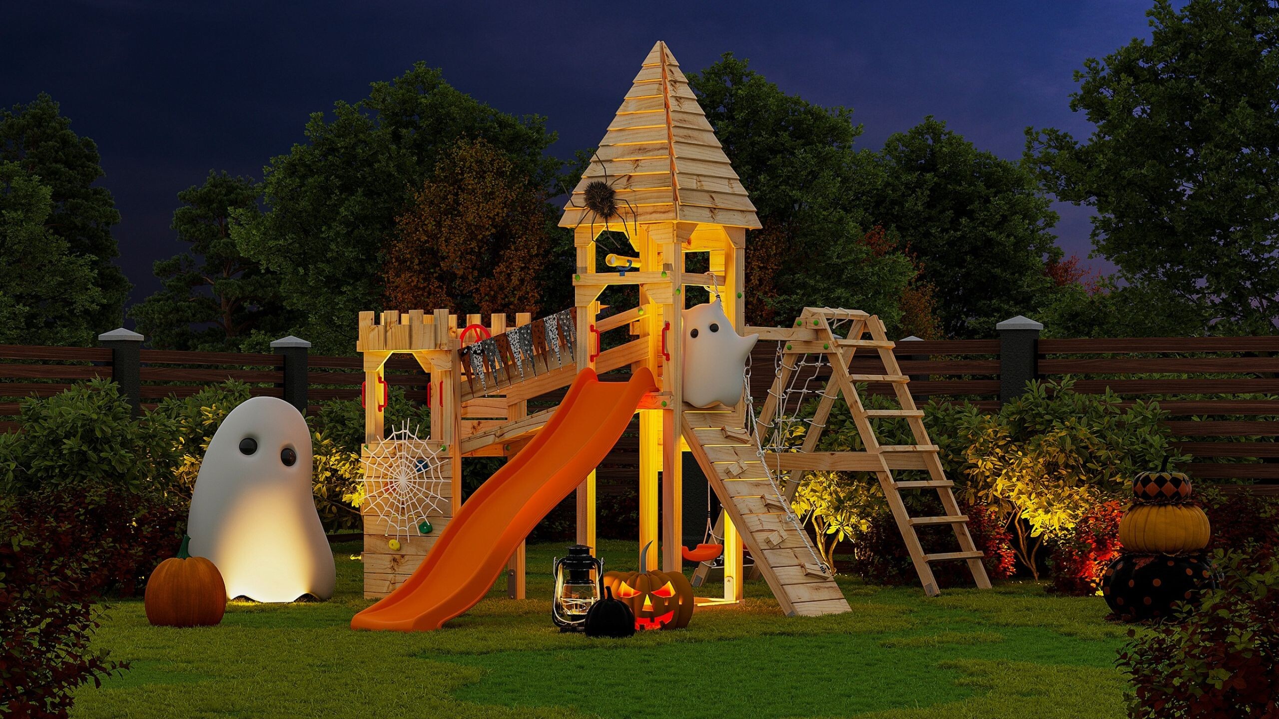 Spielturm aus Massivholz im Garten.