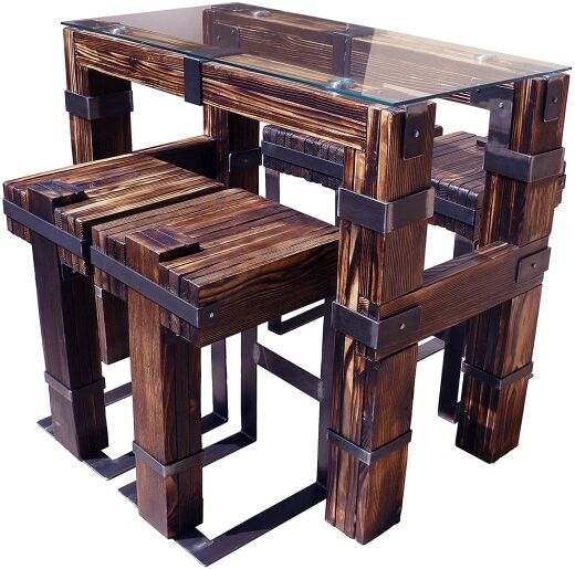 Esstisch Set DROHOBYCZ Handmade Holz Metall 120 x 60 cm Tisch und 4x Hocker