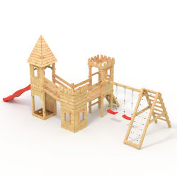 Play tower - Knights castle "XXL 150" - 3x climbing towers, long red slide, double swing
