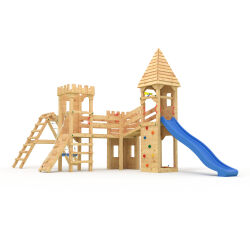 Play tower - Knights castle "XXL 150" - 3x climbing towers, long blue slide, double swing