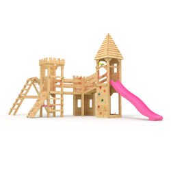 Play tower - Knights castle "XXL 150" - 3x climbing towers, long pink slide, double swing