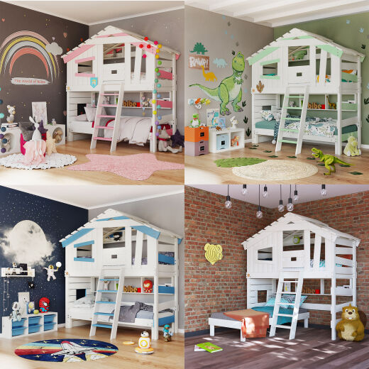 ALPIN CHALET - Kinderbett, Hochbett - volle Ausstattung +Unterstellbett +Unterregal +Oberregal +Türchen