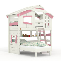 ALPIN CHALET - Lit Enfant, Lit Superposé - Ensemble Complet + Lit Gigogne + Étagère Inférieure + Étagère Supérieure + Petite Porte Blanc/Rose