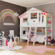ALPIN CHALET - Lit Enfant, Lit Superposé - Ensemble Complet + Lit Gigogne + Étagère Inférieure + Étagère Supérieure + Petite Porte Blanc/Rose