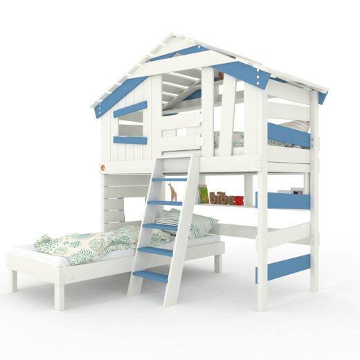 ALPIN CHALET - Kinderbett, Hochbett - volle Ausstattung +Unterstellbett +Unterregal +Oberregal +Türchen Weiss/Blau