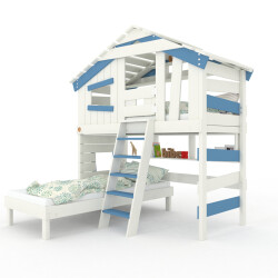 ALPIN CHALET - Lit Enfant, Lit Superposé - Ensemble Complet + Lit Gigogne + Étagère Inférieure + Étagère Supérieure + Petite Porte Blanc/Bleu