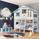 ALPIN CHALET - Lit Enfant, Lit Superposé - Ensemble Complet + Lit Gigogne + Étagère Inférieure + Étagère Supérieure + Petite Porte Blanc/Bleu