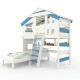 ALPIN CHALET - Lit Enfant, Lit Superposé - Ensemble Complet + Lit Gigogne + Étagère Inférieure + Étagère Supérieure + Petite Porte Blanc/Bleu