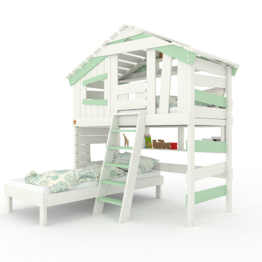ALPIN CHALET - Kinderbett, Hochbett - volle Ausstattung +Unterstellbett +Unterregal +Oberregal +Türchen Weiss/Grün