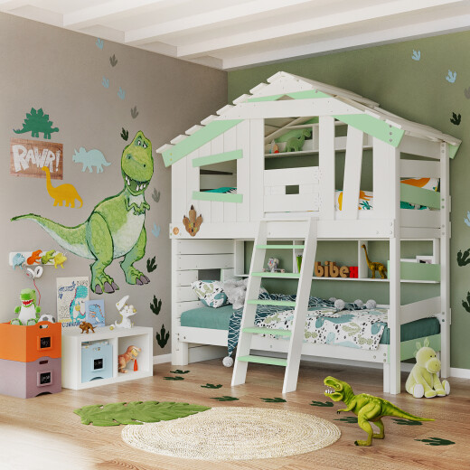 ALPIN CHALET - Child’s Bed, Bunk Bed - Full Set + Trundle Bed + Lower Shelf + Upper Shelf + Small Door White/Green