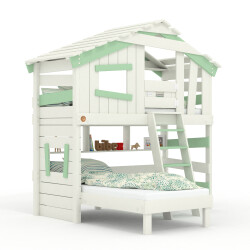 ALPIN CHALET - Child’s Bed, Bunk Bed - Full Set + Trundle Bed + Lower Shelf + Upper Shelf + Small Door White/Green
