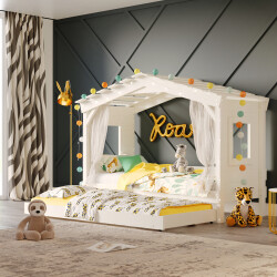 DOLCE NIDO childrens bed, play bed, youth bed, playhouse, solid pine, white, with pull-out bed