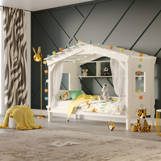 DOLCE NIDO childrens bed, play bed, youth bed, playhouse, solid pine, white, with shelf
