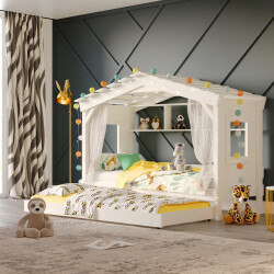 DOLCE NIDO childrens bed, play bed, youth bed, playhouse, solid pine, white, with shelf and pull-out bed