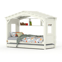 DOLCE NIDO childrens bed, play bed, youth bed, playhouse, solid pine, white, with shelf and pull-out bed