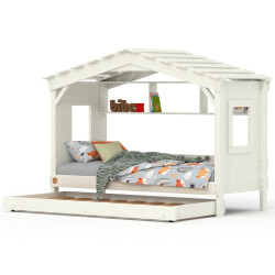 DOLCE NIDO childrens bed, play bed, youth bed, playhouse, solid pine, white, with shelf and pull-out bed