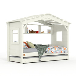 DOLCE NIDO childrens bed, play bed, youth bed, playhouse, solid pine, white, with shelf and pull-out bed