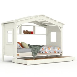 DOLCE NIDO childrens bed, play bed, youth bed, playhouse, solid pine, white, with shelf and pull-out bed