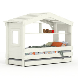 DOLCE NIDO childrens bed, play bed, youth bed, playhouse, solid pine, white, with shelf and pull-out bed