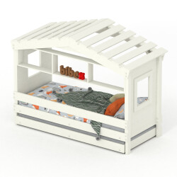 DOLCE NIDO childrens bed, play bed, youth bed, playhouse, solid pine, white, with shelf and pull-out bed
