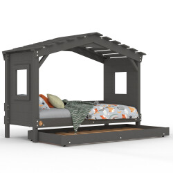 Hausbett DOLCE NIDO in Anthrazit – Kinderbett und Jugendbett mit Ausziehbett