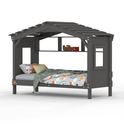 Hausbett DOLCE NIDO in Anthrazit – Kinderbett und Jugendbett mit Regal