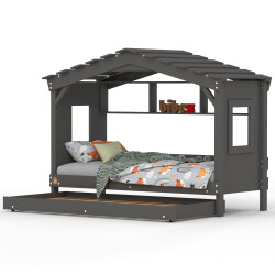 DOLCE NIDO lit enfant, lit de jeu, lit adolescent, maisonnette de jeu, pin massif, anthracite avec étagère avec lit gigogne