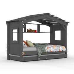 DOLCE NIDO lit enfant, lit de jeu, lit adolescent, maisonnette de jeu, pin massif, anthracite avec étagère avec lit gigogne