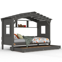 DOLCE NIDO lit enfant, lit de jeu, lit adolescent, maisonnette de jeu, pin massif, anthracite avec étagère avec lit gigogne