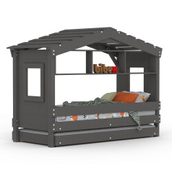 DOLCE NIDO lit enfant, lit de jeu, lit adolescent, maisonnette de jeu, pin massif, anthracite avec étagère avec lit gigogne