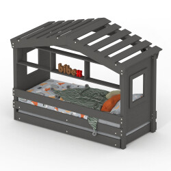 DOLCE NIDO lit enfant, lit de jeu, lit adolescent, maisonnette de jeu, pin massif, anthracite avec étagère avec lit gigogne
