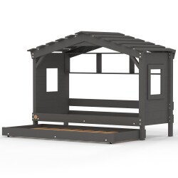 DOLCE NIDO lit enfant, lit de jeu, lit adolescent, maisonnette de jeu, pin massif, anthracite avec étagère avec lit gigogne
