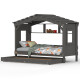 DOLCE NIDO lit enfant, lit de jeu, lit adolescent, maisonnette de jeu, pin massif, anthracite avec étagère avec lit gigogne