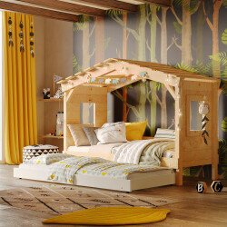 Hausbett DOLCE NIDO – Kinderbett und Jugendbett 100 % naturbelassen mit Ausziehbett