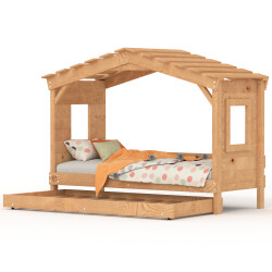Hausbett DOLCE NIDO – Kinderbett und Jugendbett 100 % naturbelassen mit Ausziehbett
