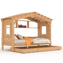 DOLCE NIDO lit enfant, lit de jeu, lit adolescent, maisonnette de jeu, pin massif, finition 100% naturelle, avec étagère et lit gigogne