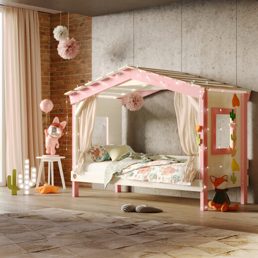 Hausbett DOLCE NIDO in Weiß/Rosa – Kinderbett und Jugendbett ohne Zubehör