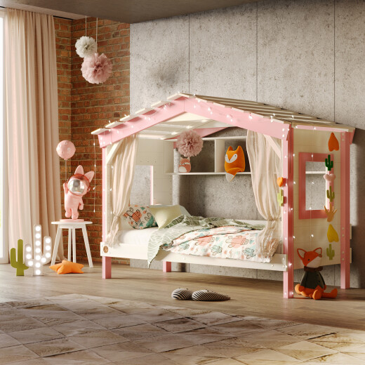 Hausbett DOLCE NIDO in Weiß/Rosa – Kinderbett und Jugendbett mit Regal