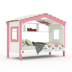 Hausbett DOLCE NIDO in Weiß/Rosa – Kinderbett und Jugendbett mit Regal
