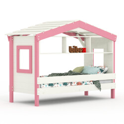 Hausbett DOLCE NIDO in Weiß/Rosa – Kinderbett und Jugendbett mit Regal
