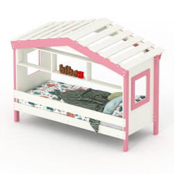 Hausbett DOLCE NIDO in Weiß/Rosa – Kinderbett und Jugendbett mit Regal