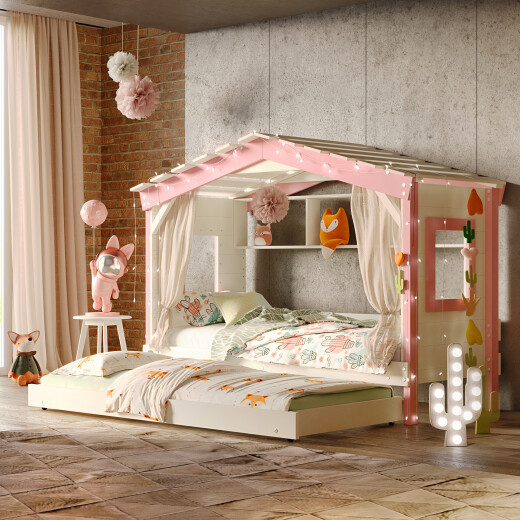 DOLCE NIDO childrens bed, play bed, youth bed, playhouse, solid pine, white/pink, with shelf and pull-out bed