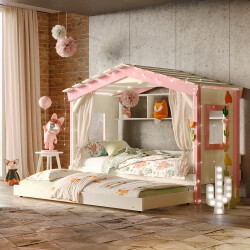 DOLCE NIDO childrens bed, play bed, youth bed, playhouse, solid pine, white/pink, with shelf and pull-out bed