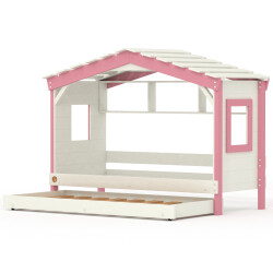 DOLCE NIDO childrens bed, play bed, youth bed, playhouse, solid pine, white/pink, with shelf and pull-out bed