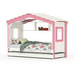 DOLCE NIDO childrens bed, play bed, youth bed, playhouse, solid pine, white/pink, with shelf and pull-out bed
