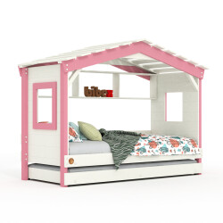 DOLCE NIDO childrens bed, play bed, youth bed, playhouse, solid pine, white/pink, with shelf and pull-out bed