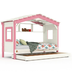 DOLCE NIDO childrens bed, play bed, youth bed, playhouse, solid pine, white/pink, with shelf and pull-out bed