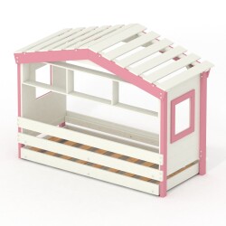 DOLCE NIDO childrens bed, play bed, youth bed, playhouse, solid pine, white/pink, with shelf and pull-out bed