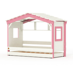 DOLCE NIDO childrens bed, play bed, youth bed, playhouse, solid pine, white/pink, with shelf and pull-out bed